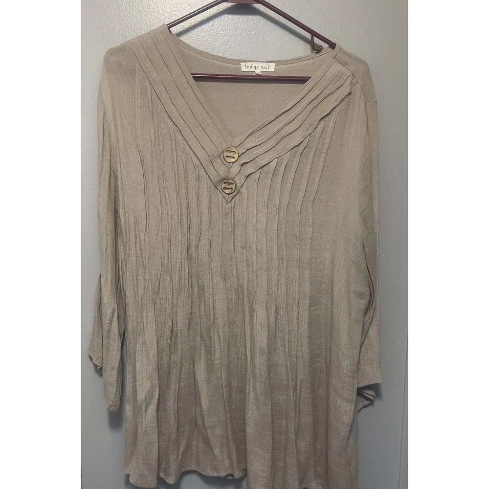 Indigo Soul Pleated V-Neck Blouse with Wooden Buttons, Tan/Taupe, XL